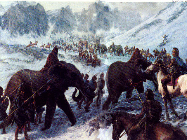 Hannibal trekt met zijn oorlogsolifanten over Alpen