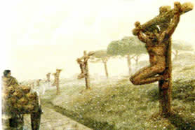 Slaven hangen aan het kruis langs de Via Appia