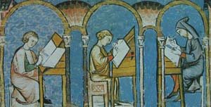 Monniken aan het werk in het scriptorium